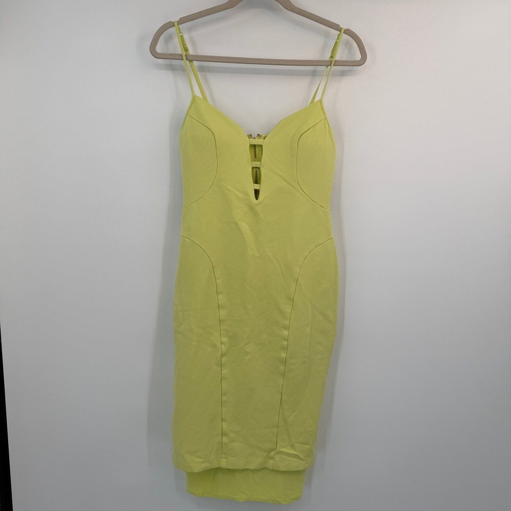 bebe Neon Green Cutout Mesh Back Bodycon Dress Medium Front Strappy Club Party